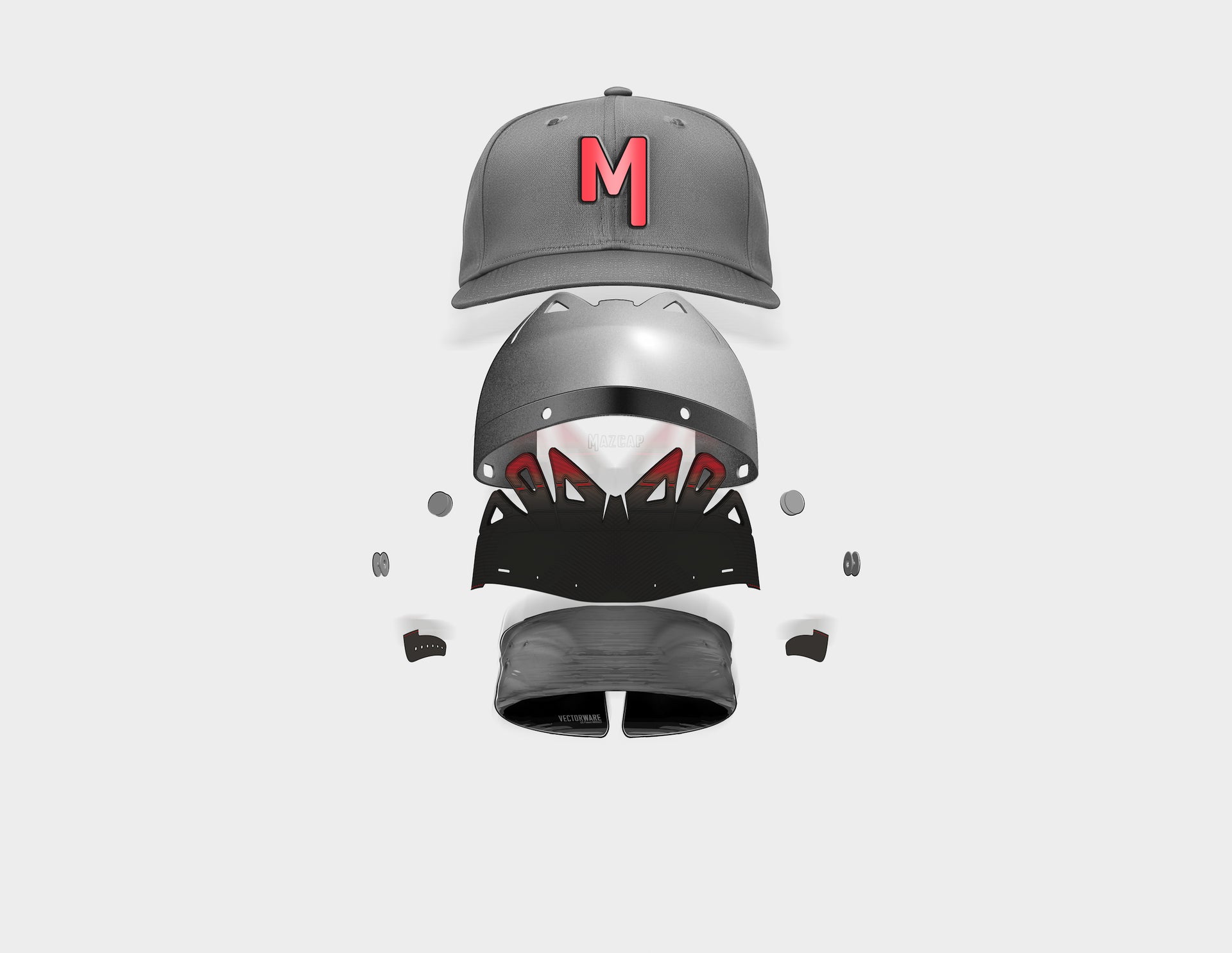Gray cap with red 'M' logo, helmet, and shorts on a light gray background