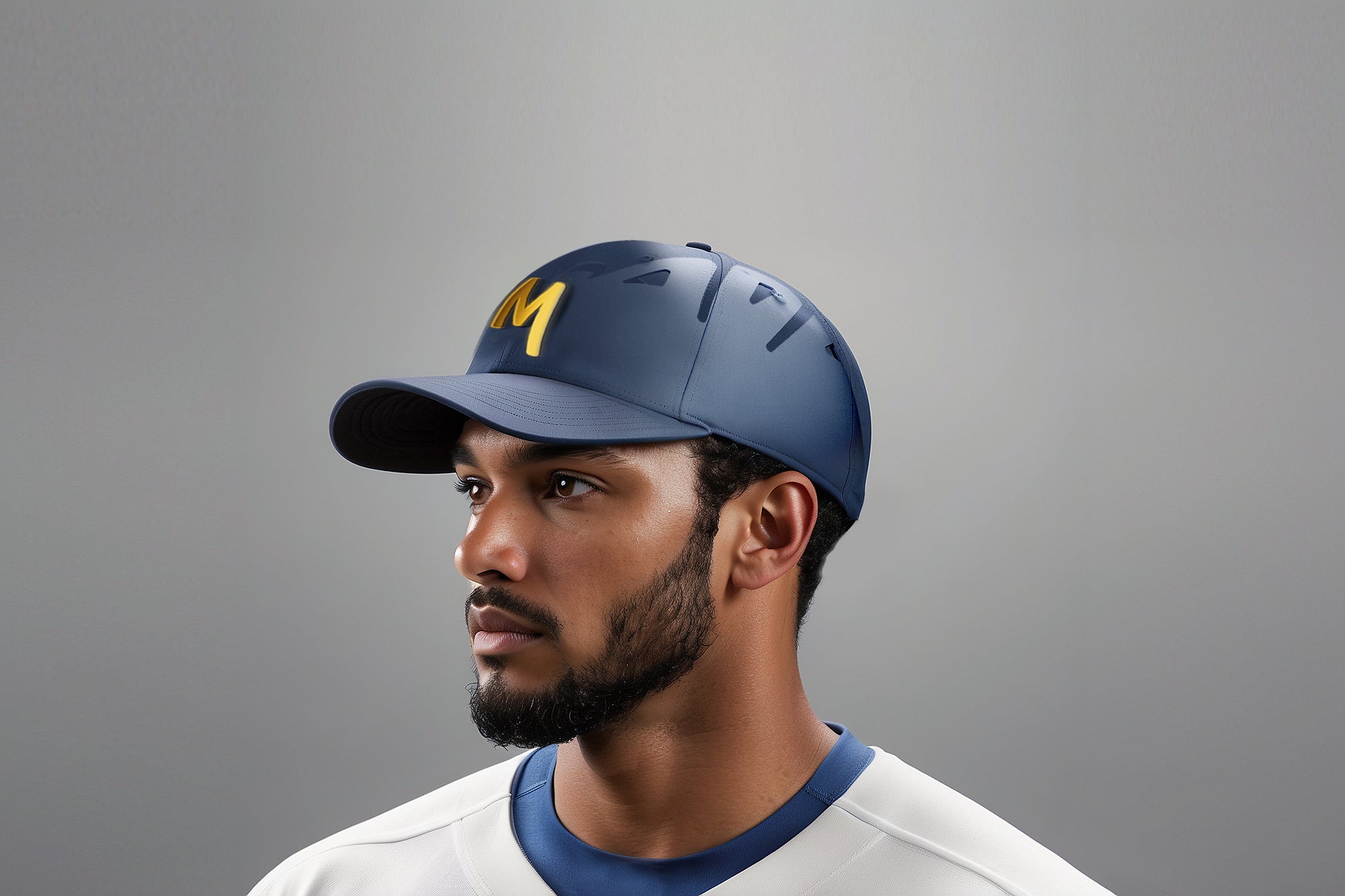 Man wearing a blue baseball cap with a yellow logo on a gray background